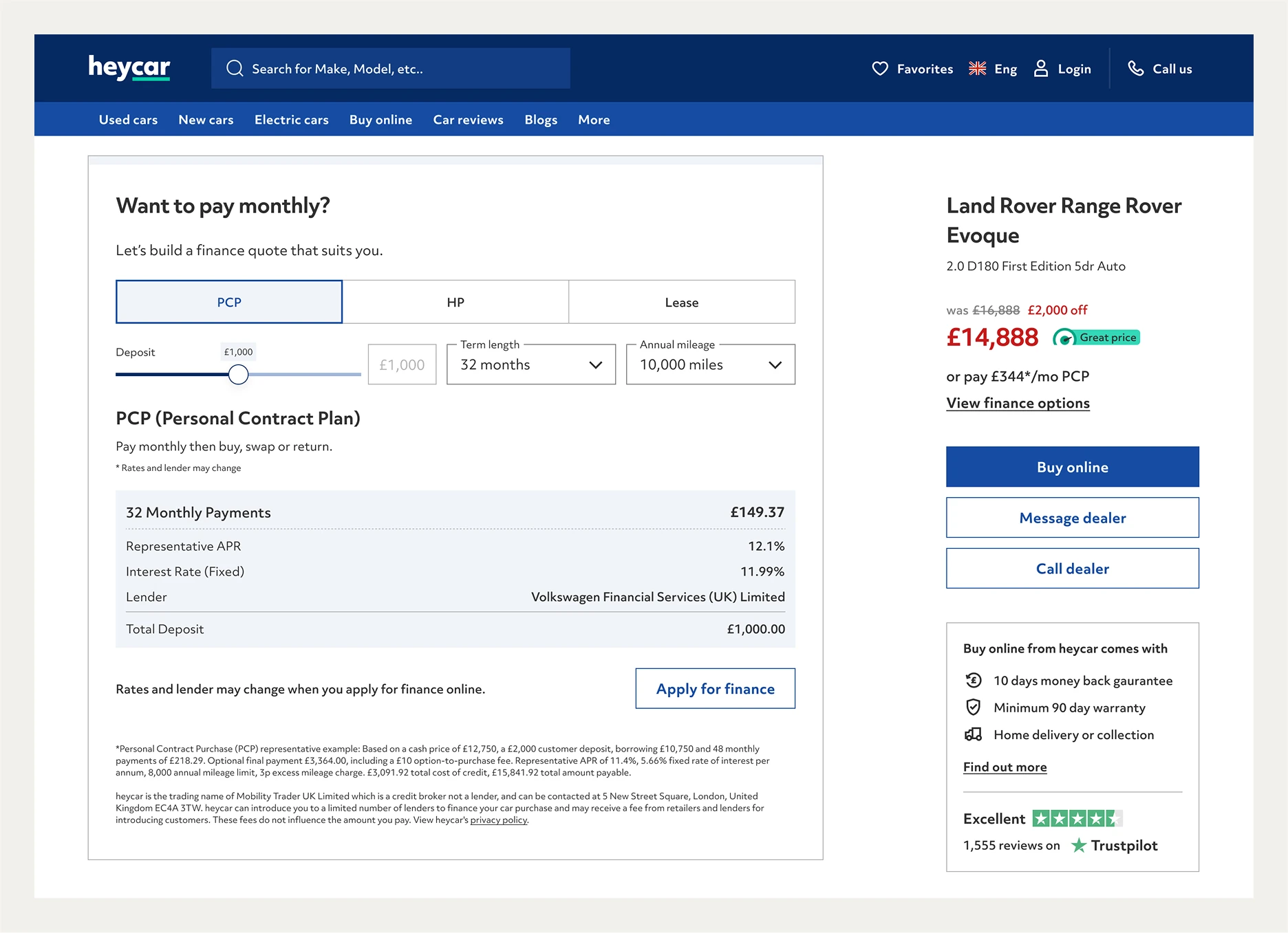Finance calculator live on the heycar vehicle details page