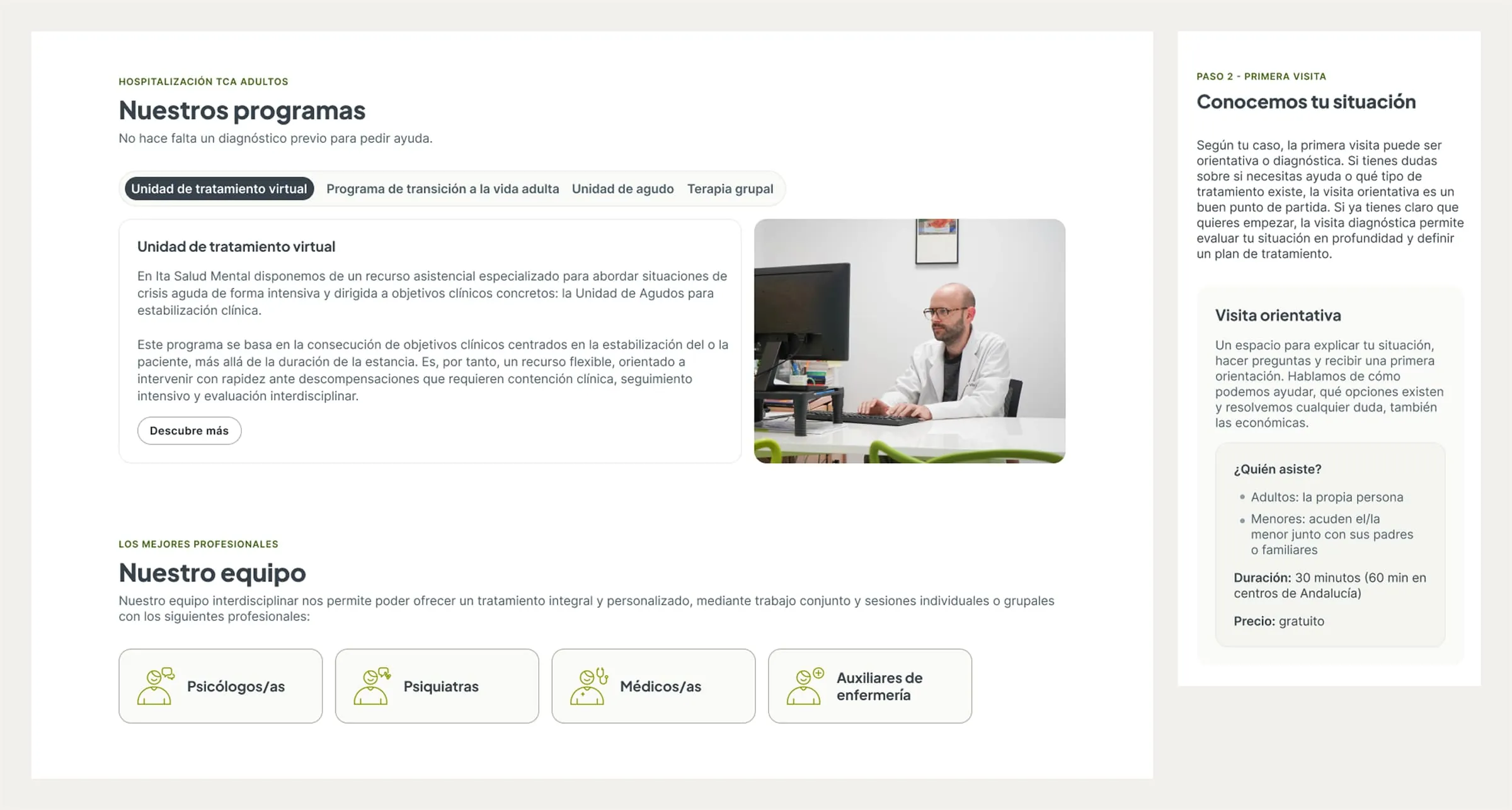 Ita redesign — treatment programs, team, and first-visit guidance